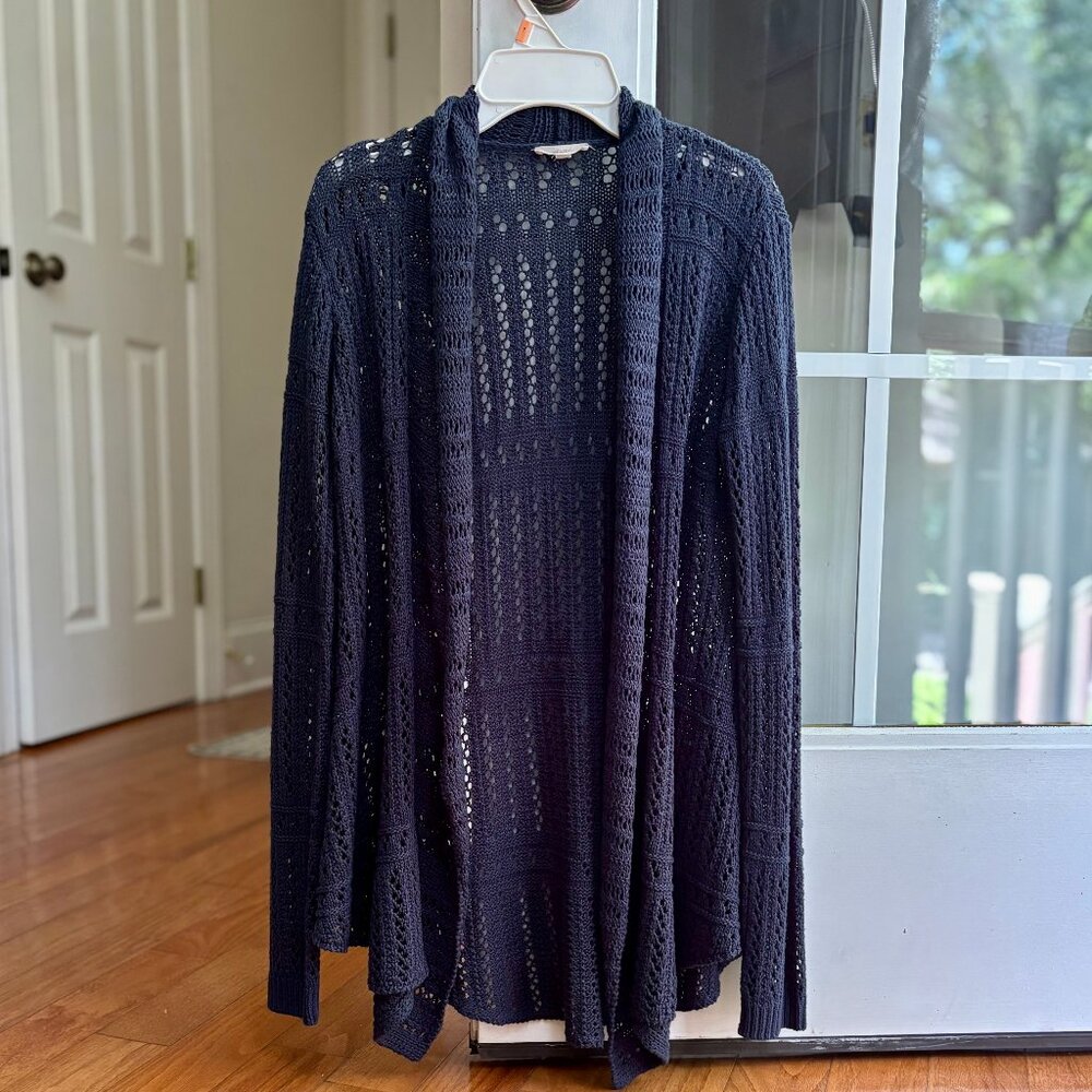 Mystree Pointelle Open Stitch Long Sleeve Open Front Cardigan Sweater Blue XS - Picture 4 of 10